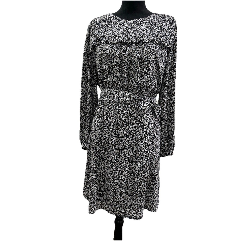 LOFT Women Size 8 Dress Black Floral With Belted Waist Long Sleeves Lined